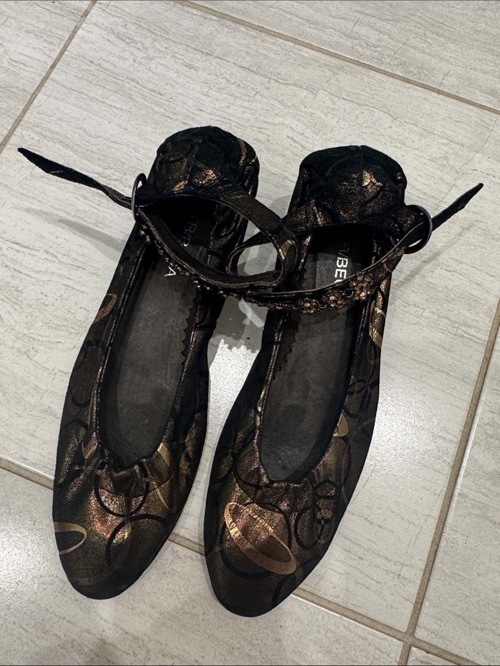 Black and Bronze Metallic Pattern Ballet Flats with Ankle Strap